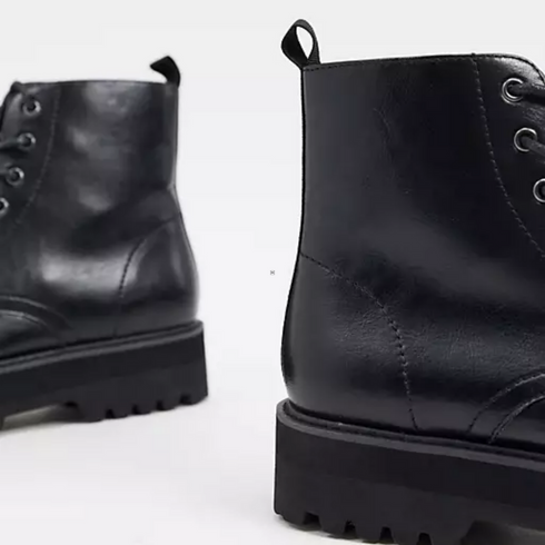 ASOS DESIGN Lace Up Boot in Black Faux Leather with Raised Chunky Sole | 7 US