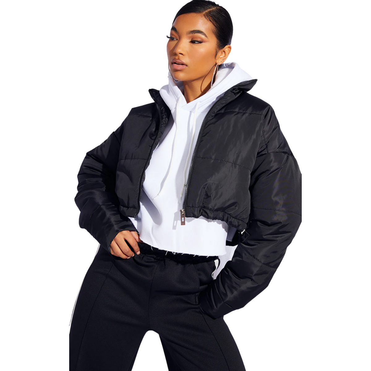 PrettyLittleThing Black Nylon Super Cropped Toggle Hem Puffer 
