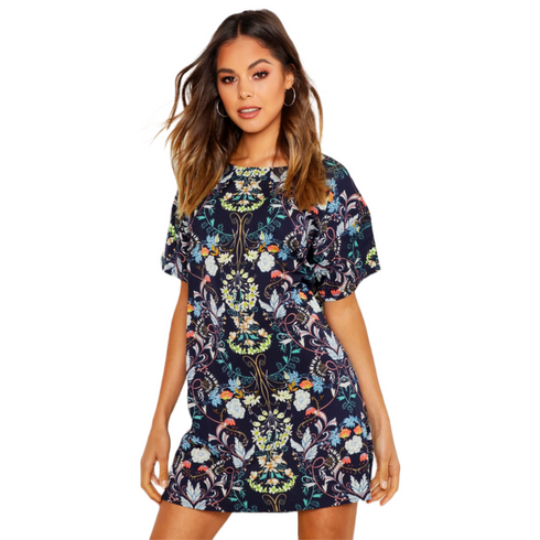 Boohoo Floral Cap Sleeve Shift Dress | 12 US