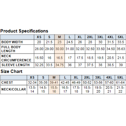 Harriton M610 Men's Easy Blend Long-Sleeve Twill Shirt Size Chart