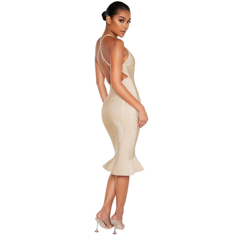 PrettyLittleThing Champagne Bandage Cross Strap Open Back Frill Hem Midi Dress