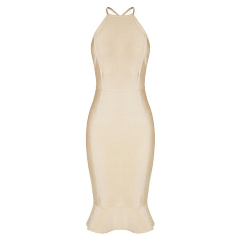 PrettyLittleThing Champagne Bandage Cross Strap Open Back Frill Hem Midi Dress