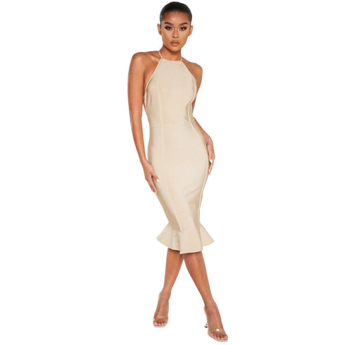 PrettyLittleThing Champagne Bandage Cross Strap Open Back Frill Hem Midi Dress