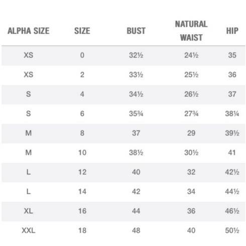 Ricki's Tops & Tees Size Chart
