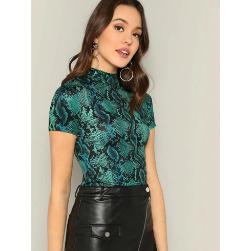 SHEIN Mock-neck Snakeskin Fitted Tee | M