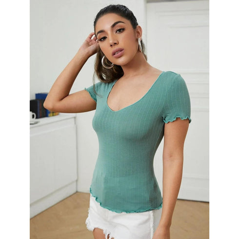 SHEIN Solid Rib-knit Lettuce Trim Slim Tee | M