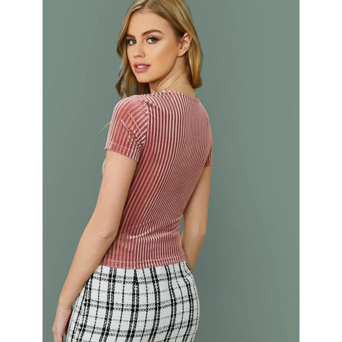 SHEIN Solid Pink Rib-knit Velvet Tee | M