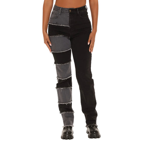 Fashion Nova Breaking Barriers Patchwork Straight Leg Jeans - Black/Grey