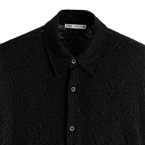 Zara Men's Texturé Crochet Black Long Sleeve Shirt | M