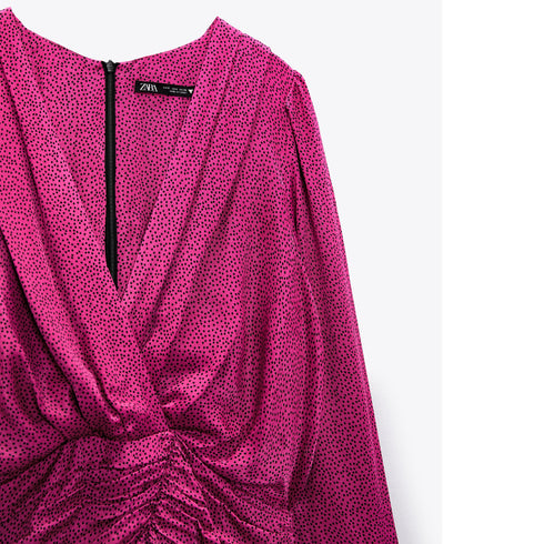 Zara Women Ruched Satin Effect Print Wrap Dress Fuchsia Pink