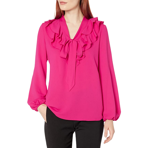 Kasper Women's Long Sleeve Ruffle Tie Neck Blouse, Medium - MGworld