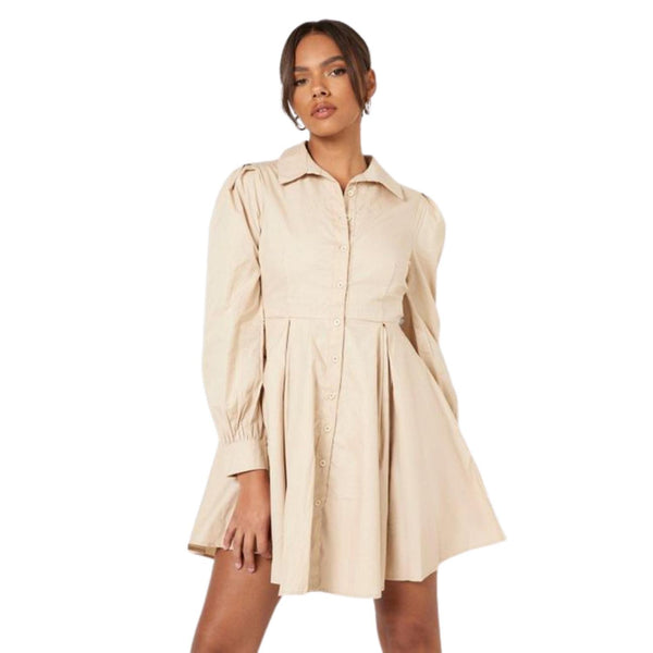 Boohoo Cotton Balloon Sleeve Pleat Detail Shirt Dress 