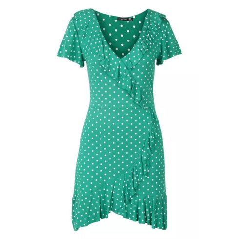 Boohoo Women's Polka Dot Wrap Front Ruffle Tea Dress | 10