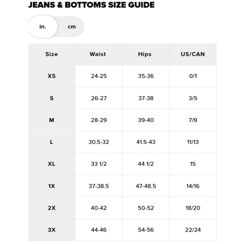 Fashion Nova Jeans & Bottoms Size Guide