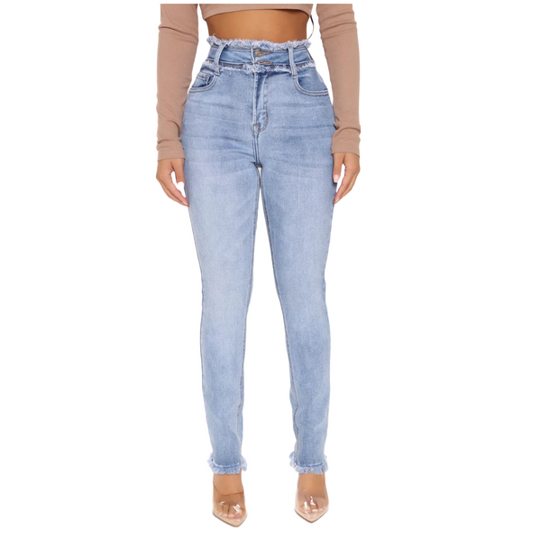 Fashion Nova Florence Fray Hem Skinny Jeans - Light Blue Wash