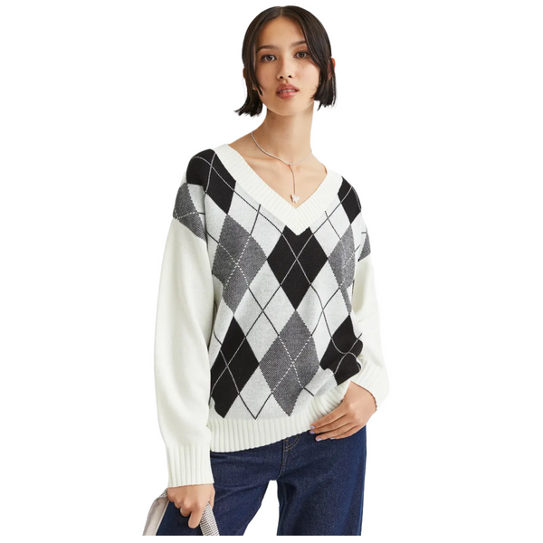 H&M Cream/Argyle-Patterned Sweater