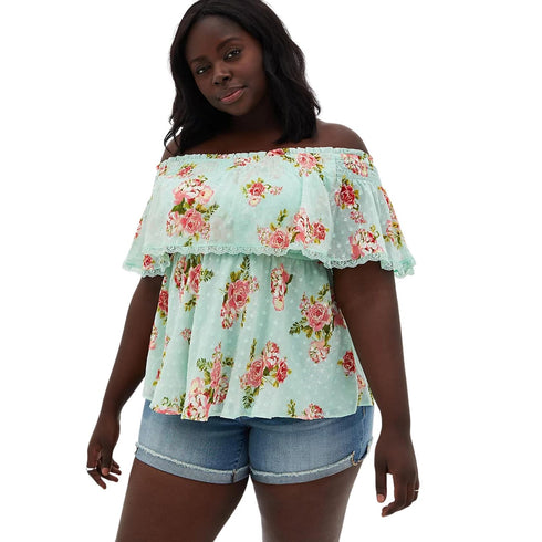 Torrid Green Floral Off-The-Shoulder Smocked Ruffle Top | 3X