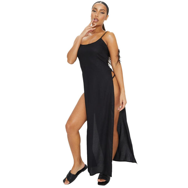 PrettyLittleThing Black Cotton High Leg Split Maxi Beach Dress