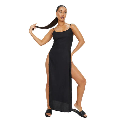 PrettyLittleThing Black Cotton High Leg Split Maxi Beach Dress