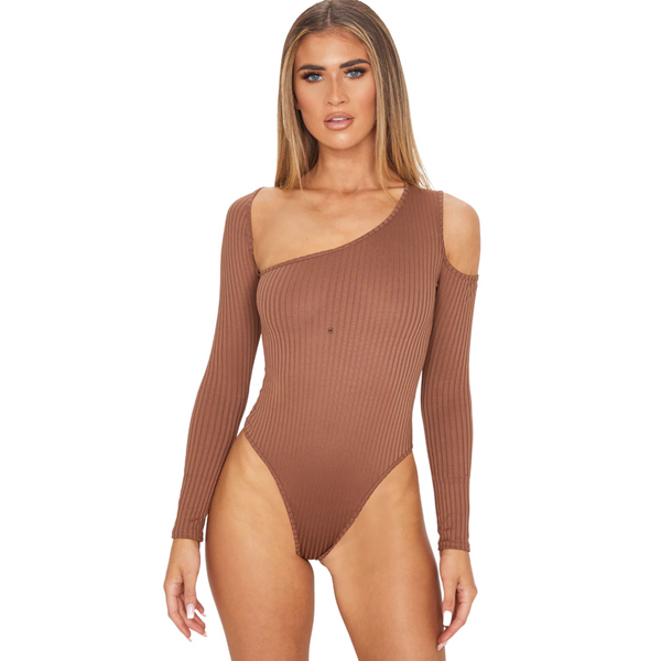 PrettyLittleThing Brown Rib Cut Out Longsleeve Bodysuit | 8 US