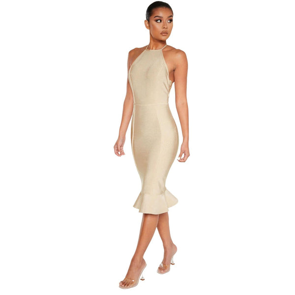 PrettyLittleThing Champagne Bandage Cross Strap Open Back Frill Hem Midi Dress