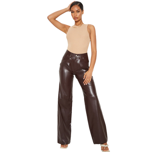 PrettyLittleThing Chocolate Faux Leather Pleat Detail Wide Leg Pant | 6 US