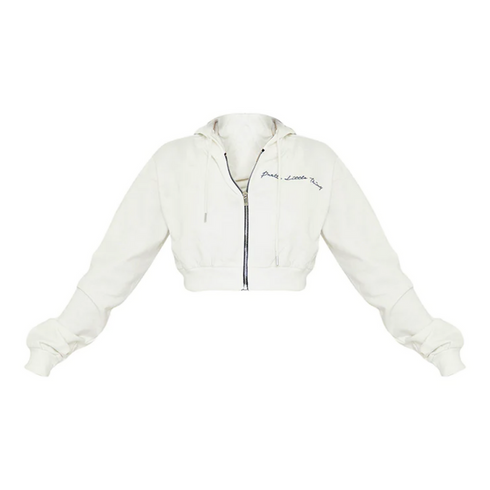 PrettyLittleThing Cream Cropped Embroidered Zip Hoodie