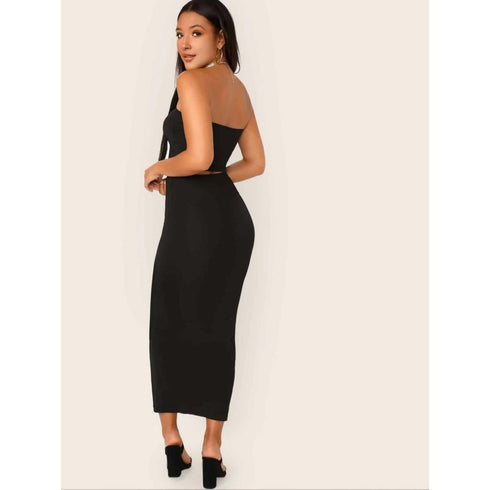 SHEIN Solid Cropped Tube Top & Pencil Midi Skirt Set | M