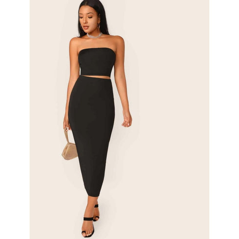 SHEIN Solid Cropped Tube Top & Pencil Midi Skirt Set | M