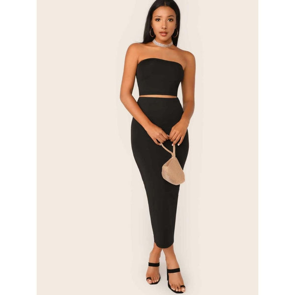 SHEIN Solid Cropped Tube Top & Pencil Midi Skirt Set | M